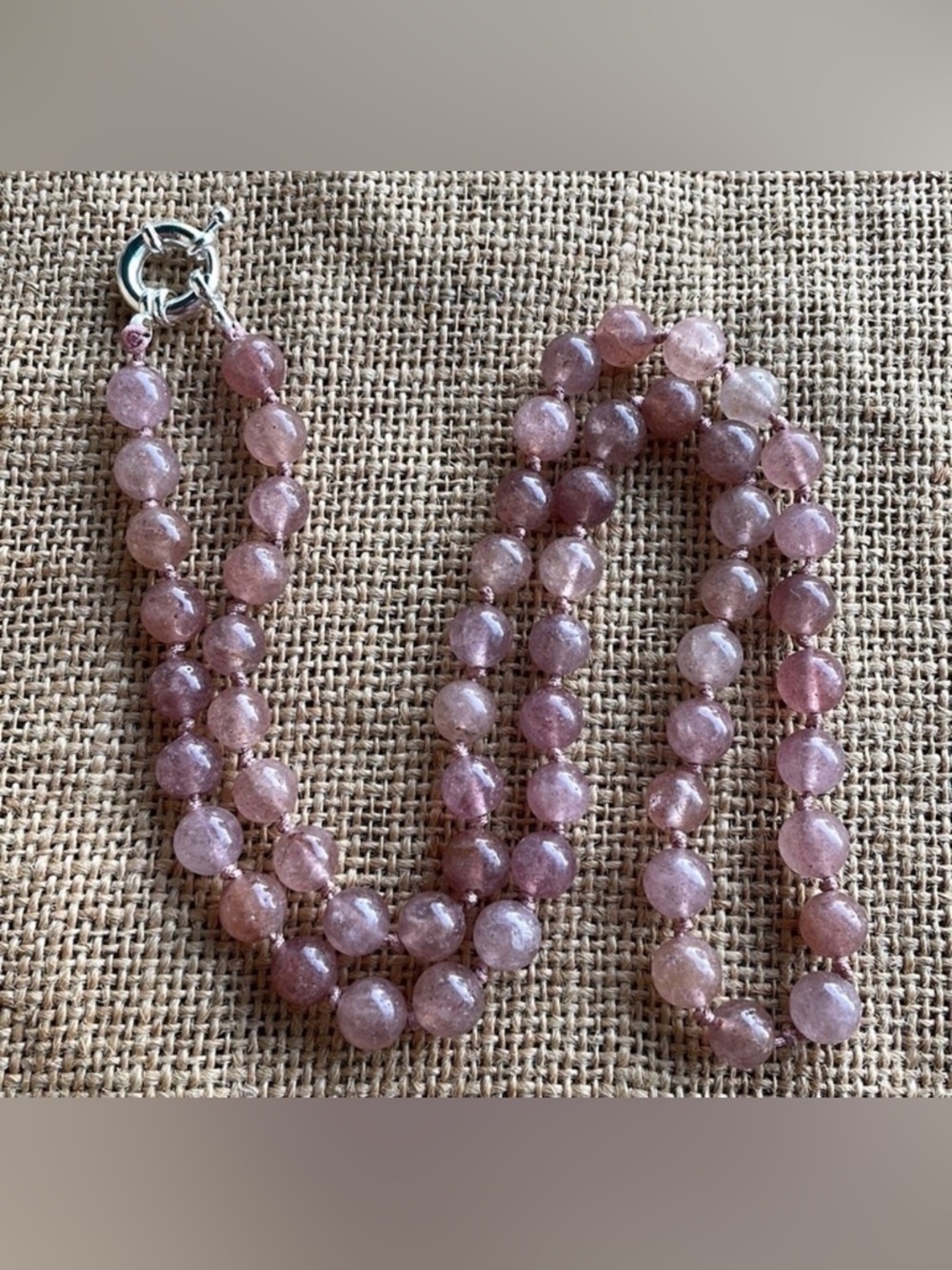 Strawberry quartz 8mm Knotted Necklace Handmade New Rare amazing quality